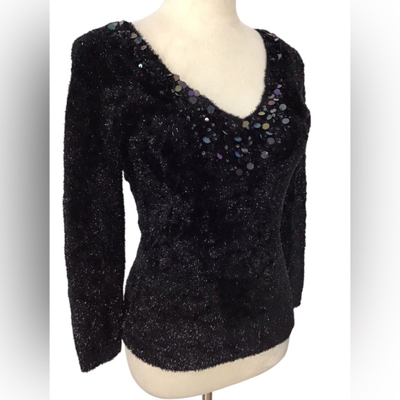 Nicole Miller Black Fuzzy Sequin V Neck Sweater - Picture 3 of 7